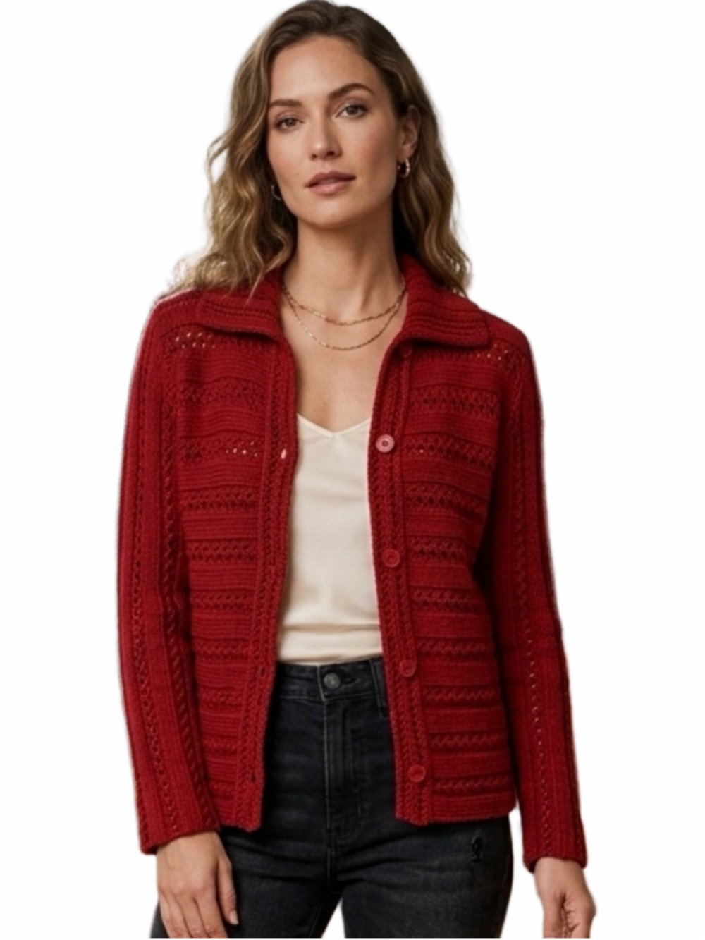 Jones New York Woman’s deep Red Knit Shawl Collar Button Cardigan Size L. 2093